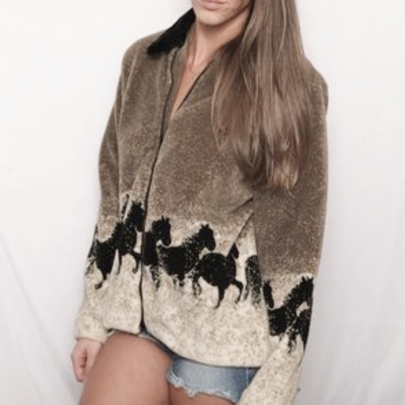 None Jackets & Blazers - Vintage 90s Fleece Horse Zip Up Collared Nature Jacket